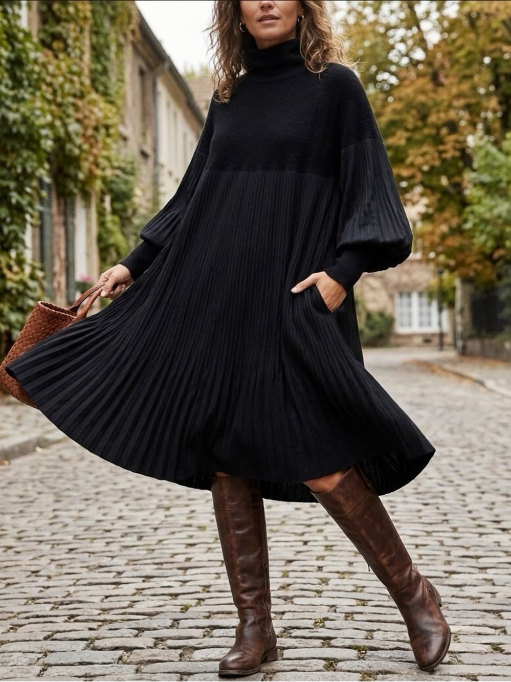 Gabby Isabella Black Pleated Sweater Dress Mock Neck Oversized S/M (Fits L)